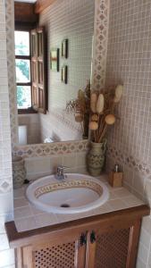 LAS VILLAS DEL PONTON في Trescares: حمام مع حوض ومرآة