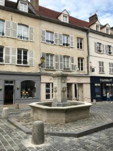 a fountain in the middle of a street with buildings at La bohème - Chambres d’hôtes in Senlis