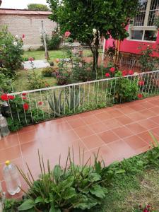 a garden with pink flowers and a fence at Wayrashaus in Cochabamba