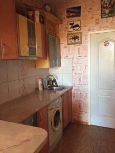 a kitchen with a sink and a washing machine at Krāslava City Apartment in Krāslava