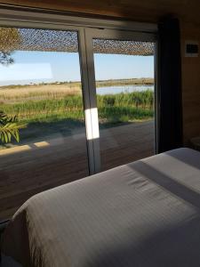 - une chambre avec un lit et une vue sur un champ dans l'établissement Mas des Cabidoules, à Saintes-Maries-de-la-Mer