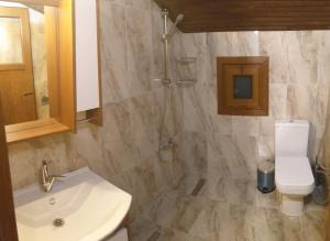 ein Bad mit einem Waschbecken, einer Dusche und einem WC in der Unterkunft DİLEK SUIT&CAFE in Uzungöl