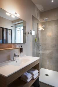 uma casa de banho com um lavatório e um chuveiro em Pont du Chalon Hôtel and Restaurant em Margès