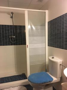 a bathroom with a shower and a toilet with a blue seat at Avinguda de Pau Béjar in Vinaròs