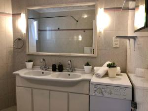 a bathroom with a sink and a large mirror at Neoclassical mansion with view and garden in Andros