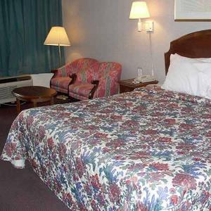 a hotel room with a bed and a chair at Royal Inn in Alcoa