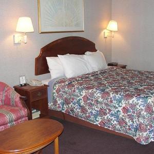 um quarto de hotel com uma cama e uma cadeira em Royal Inn em Alcoa