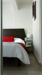 1 dormitorio con cama grande y almohada roja en Metropolis Suites Ejecutivas en Puebla
