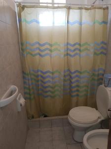 a bathroom with a shower curtain and a toilet at Departamento Centro in La Rioja