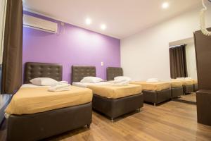 a room with four beds and a purple wall at Cosmopolit in Athens