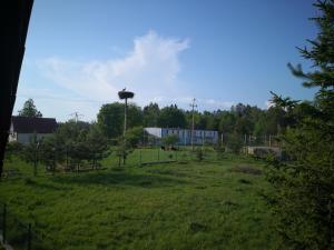 ein Grasfeld mit einem Gebäude im Hintergrund in der Unterkunft Apartament bocian in Kruklanki