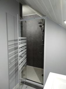La salle de bains est pourvue d'une douche avec une porte en verre. dans l'établissement chambre d hôtes à la campagne, à Tilleux
