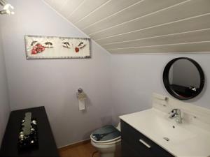 bagno con lavandino, specchio e servizi igienici di chambre d hôtes à la campagne a Tilleux