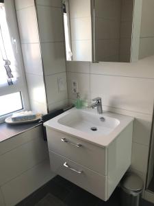 een badkamer met een witte wastafel en een spiegel bij Gramschatzer Straße 7 in Güntersleben