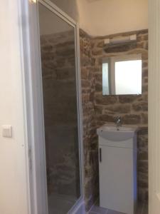 a bathroom with a shower and a sink and a mirror at Apartment Centre Historic in Marvejols +29 photos