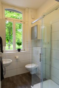 a bathroom with a toilet and a sink and a window at Appartment Stadtgarten in Tuttlingen