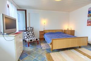 a bedroom with a bed and a tv and a chair at Apartments Rita in Lovran
