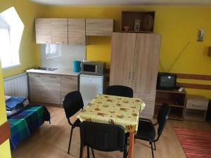 eine Küche mit einem Tisch und Stühlen im Zimmer in der Unterkunft Apartmány Ingrid in Bešeňová