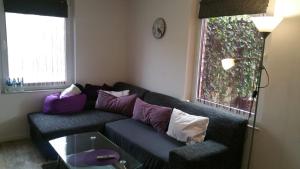 soggiorno con divano e cuscini viola e bianchi di Apartment Sylvia a Prohn
