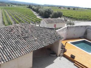 an aerial view of a house with a swimming pool and a vineyard at Le Temps d'un Rêve in Mazan