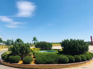 a circular garden with bushes and a small pond at Zajazd Hubus in Grabowo-Olszewo