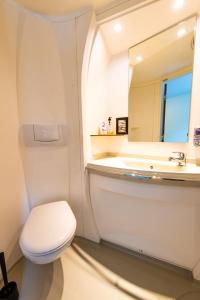 uma casa de banho com um WC, um lavatório e um espelho. em Hotell Kvarntorget em Uppsala