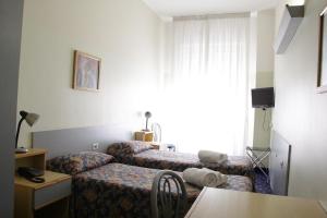 a hotel room with two beds and a dog laying on the couch at Hotel Lugano in Milan