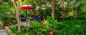a garden with a red umbrella and chairs and plants at Apartments Emi in Split