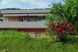 a house on a hill with red flowers at Apartments Emi in Split