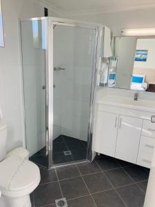 
a bathroom with a shower, toilet, and sink at Zorba Waterfront Motel in Batemans Bay
