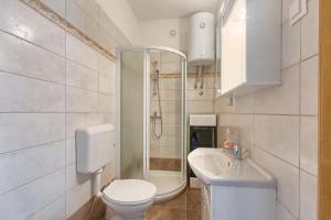a bathroom with a toilet and a sink and a shower at Haus Glavani in Barban +33 photos