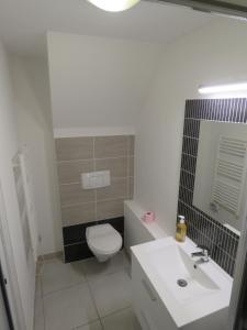 a bathroom with a white toilet and a sink at Appartement centre historique avec Terrasse au porte de la Camargue in Saint-Gilles