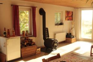 ein Wohnzimmer mit einem Holzofen in der Ecke in der Unterkunft Apartment Hof Schwalbennest in Kaarßen