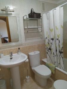 a bathroom with a toilet and a sink and a shower curtain at Apartamento en La Cala in Cala de Finestrat