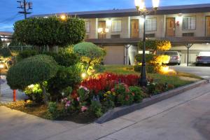 a garden in front of a building with flowers at Garden View Inn in Fresno