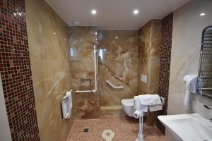 uma casa de banho com um chuveiro, um WC e um lavatório. em Hôtel De Calais em Le Tréport