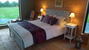 BallymacarbryにあるNire Valley Eco Campのベッドルーム1室(大型ベッド1台、テーブル2台、ランプ2つ付)