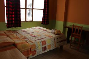 1 dormitorio con 1 cama, 1 silla y 1 ventana en Caroline lodging en Huaraz