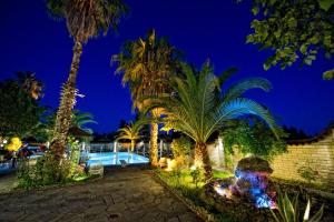 a backyard with palm trees and a swimming pool at night at Nepheli Hotel in Kastrosikia
