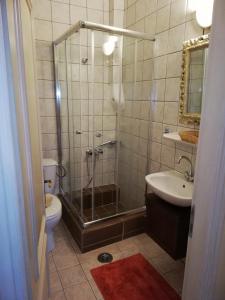 uma casa de banho com um chuveiro, um WC e um lavatório. em Stavraetos em Sirako