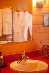 een badkamer met een wastafel en een spiegel bij Volcano Mist Cottage in Volcano