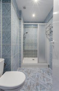 a bathroom with a white toilet and a shower at Willa Dusia in Międzyzdroje