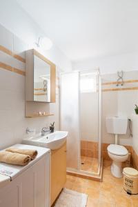a bathroom with a shower and a sink and a toilet at George's House in Zákros