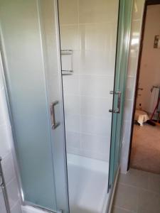 a shower with a glass door in a bathroom at Apartment Kurelic in Rab