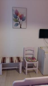 una habitación con 2 sillas y una foto en la pared en Christina Pansion, en Kokkari