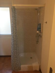 a bathroom with a bath tub with a shower curtain at Albergo Ristorante Belcantone in Novaggio