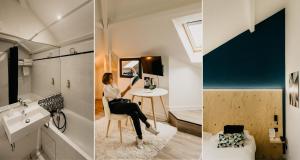 a woman sitting at a table in a room with a mirror at Best Western Bridge Hotel Lyon East in Jons