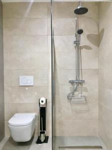 a bathroom with a toilet and a glass shower at Mediterranea Suite Apartment in Albir