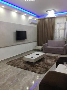 a living room with a couch and a tv at Milsaa Studio in Cairo
