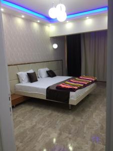 een slaapkamer met een groot bed met een blauw licht bij Milsaa Studio in Caïro